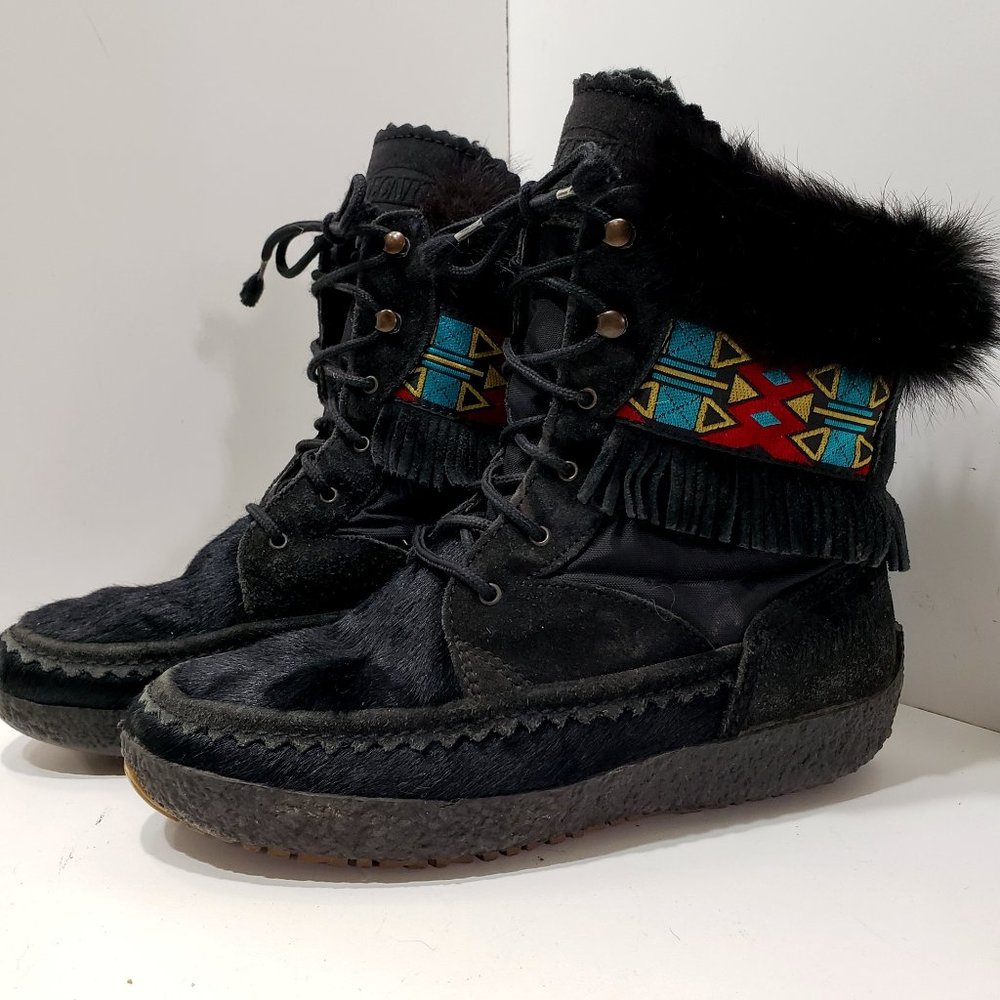Tecnica Black Goat Hair Apres Ski Leather Fur Snow Ankle Boots Womens 8 EU 39
